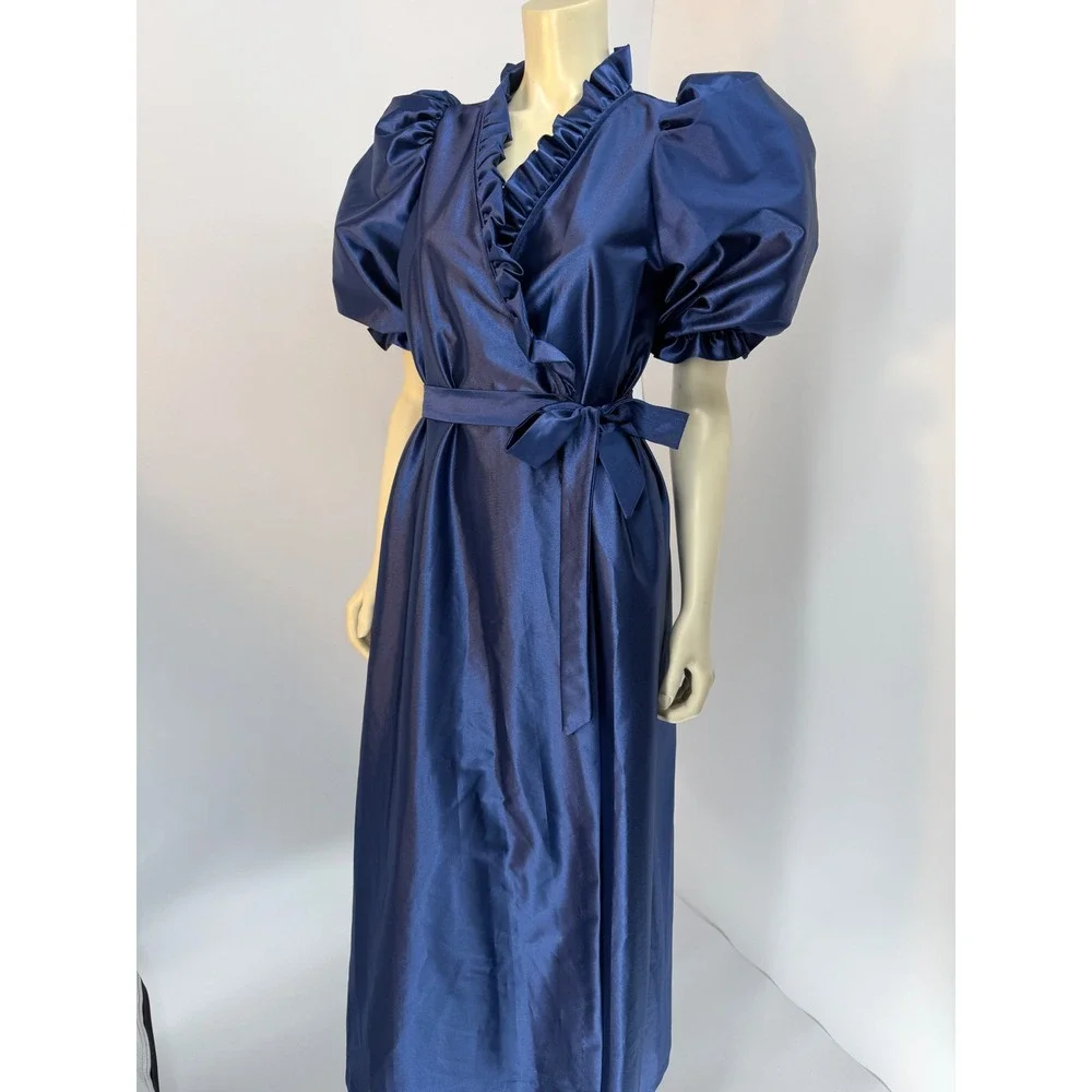 Vintage Puff‎ Sleeve Satin Robe Royal Blue Ruffle Neck Tie Waist Maxi Wrap M/L